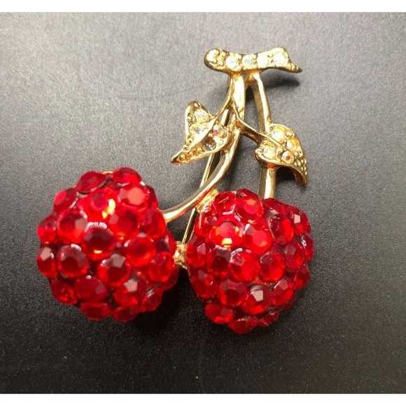 Vintage Signed Suzanne Bjontegard Faux Ruby Red Cherries Brooch FLAW - Picture 1 of 10
